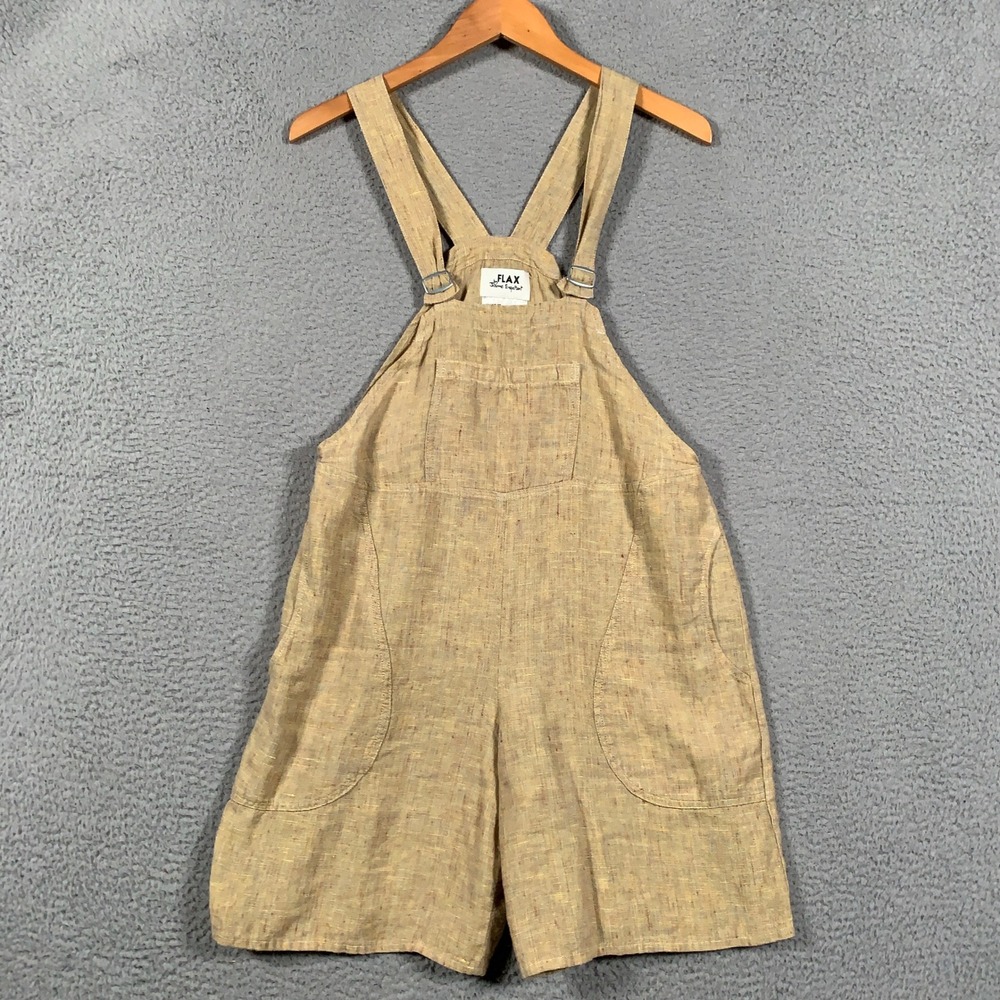 FLAX Shortall Overalls Romper Womens Petite Tan Linen Lagenlook Jeanne Engelhart
